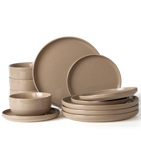 PRICES MAY VARY. 【WHAT WILL YOU GET?】This dinnerware set includes 4*10.25” dinner plates, 4*8” salad plates, 4*5.75” cereal bowls. This is a great combination for a family dinner party. 【SCRATCH RESISTANT】Our glaze is fired at 2340℉ for 13.5 hours to form a strong scratch resistant surface. No need to worry about scratches from your forks or knives. 【DISHWASHER AND MICROWAVE SAFE】Our dishes have passed microwave and dishwasher safe testing at internationally accredited laboratories. Each plate a Family Dinner Party, Stoneware Dinner Sets, Plates And Bowls Set, Kitchen Plate, Brown House, Pasta Bowl Set, Stoneware Dinnerware Sets, Cinnamon Brown, Stoneware Dinnerware