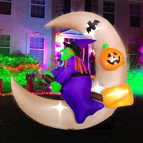 BESTPARTY 4.6ft Long Halloween Inflatable Witch Sitting on The Moon Decoration, LED Blow Up Lighted Decor Indoor Outdoor Holiday Art Decor Decorations Moon Decoration, Halloween Blow Ups, Sitting On The Moon, Holiday Inflatables, Halloween Figures, Mini Lights, Outdoor Inflatables, Inflatable Decorations, Halloween Inflatables