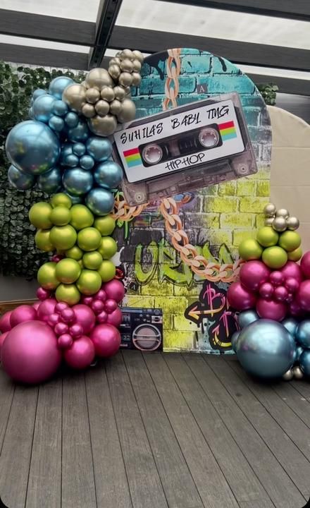 90s HIP HOP baby shower tingz #fyp #fypage #decor #event #eventdecor ... | Balloon Decor | TikTok 90s Theme Party Decorations, 90s Party Ideas, Arched Backdrop, 90s Party Decorations, Throwback Party, 90s Theme Party, Photo Cover, 90s Theme, 90s Party