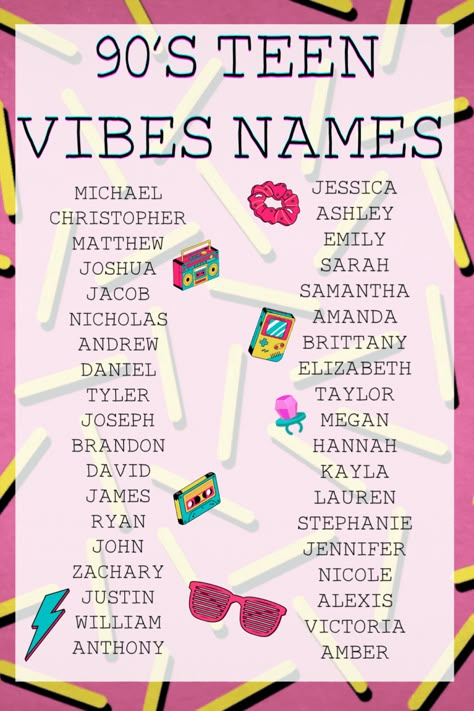 Names that were popular in the 1990s for teens. Baby names. Girls names. Boys names. 1980s Names, Kidcore Names, 90s Names, 80s Names, S Boy Names, Y2k Names, File Aesthetic, Comic Help, 1990s Boys