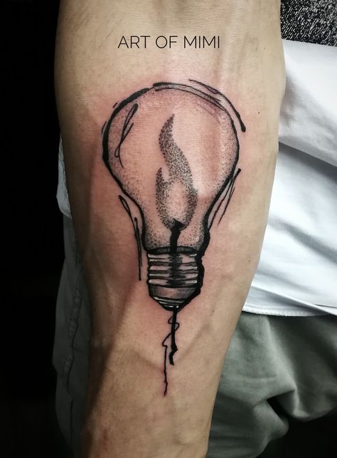 Work by Art of Mimi #illustration #tattoodesign #lightbulb #lightbulbtattoo #flame #dotwork #artofmimi Lightbulb Tattoo Design, Theatre Tattoos, Light Bulb Tattoo, Theatre Tattoo, Crown Stencil, Lightbulb Tattoo, Light Bulb Drawing, Best Neck Tattoos, Candle Tattoo