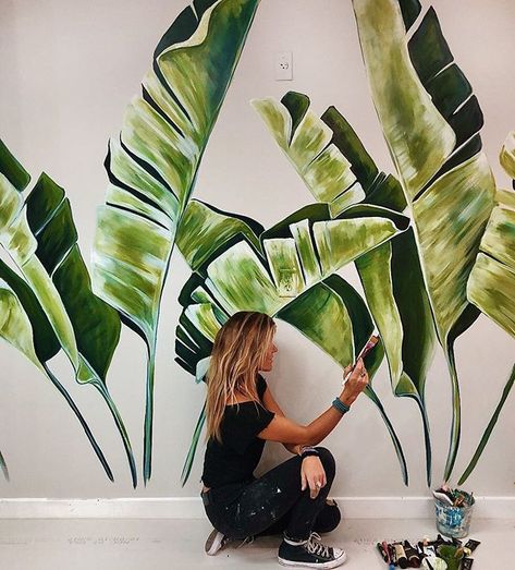 Monstera Plant Mural, Tropical Leaves Mural, Tropical Murals, Leaf Mural, Banana Leaf Art, Home Wall Painting, Wall Murals Diy, Diy Mural, Jungle Mural