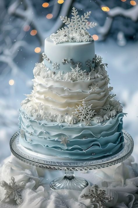 Icy Blue Charm: A Winter Wonderland Birthday Cake Sweet 16 Party Ideas Winter Theme, Snow Cake Design, Winter Sweet 16 Ideas Birthdays, Winter Wonderland Graduation Party, Disney 18th Birthday Cake, Snowflake Quinceanera Theme, Ice Queen Birthday Party, Purple Snowflake Cake, Ice Princess Birthday Theme