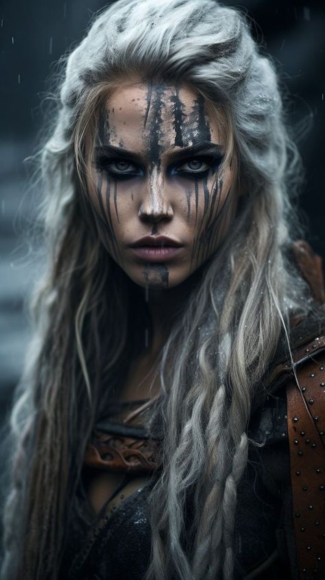 Shield Maiden Cosplay, Viking Warrior Face Paint, Viking Witch Art, Viking Costumes Female, Viking Women Costume, Female Viking Makeup, Nordic Warrior Woman, Viking Women Makeup, Blonde Viking Woman