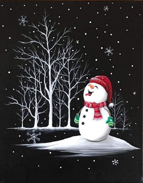 Winter Canvas Ideas, Christmas Slate Painting, Snowflake Painting Easy, Black Canvas Christmas Painting, How To Paint Christmas, Christmas Paintings On Canvas For Kids, Christmas Scenery Paintings, Easy Winter Paintings For Beginners, Snowman Painting On Canvas