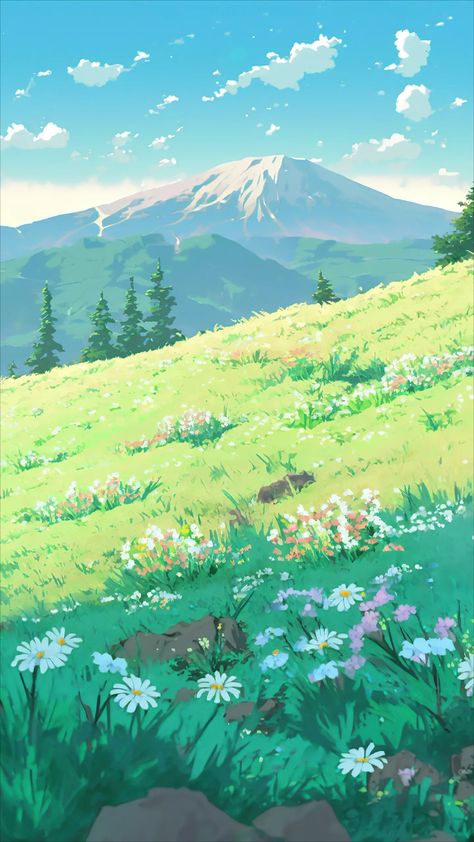 Grassland Drawing, Mountain Background Drawing, Gibli Landscape Wallpaper, Studio Ghibli Nature Wallpaper, Ghibli Art Landscape, Anime Mountain Background, Ghilbi Nature Wallpaper, Ghibli Scenery Landscapes, Anime Landscape Wallpaper Studio Ghibli