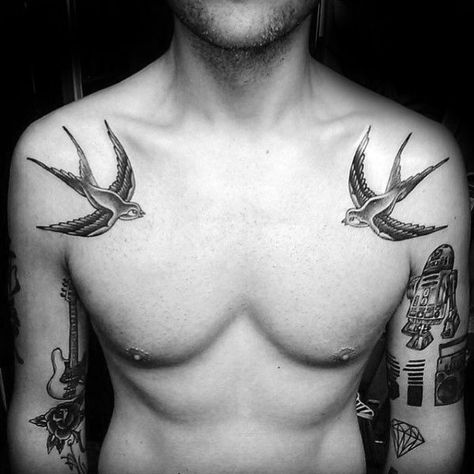 Traditional Bird Tattoo Designs For Men ... Swallow Tattoo Chest, Small Swallow Tattoo, Chest Tattoo Birds, Swallow Bird Tattoos, Tattoo Homme, Bird Tattoo Men, Clavicle Tattoo, Tattoo 2023, Vogel Tattoo