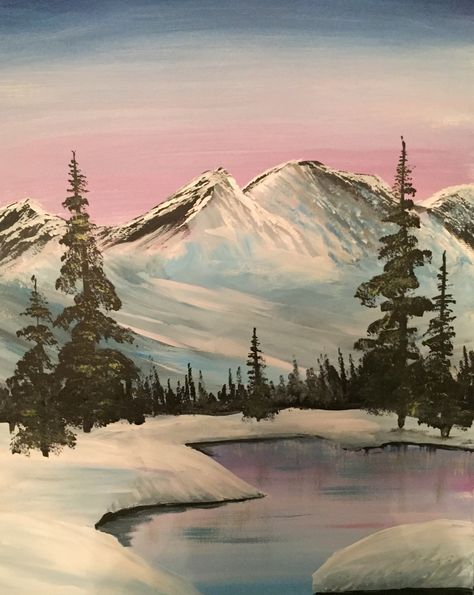 White Mountains Winter Mountains Painting, Snowy Mountains Painting, December Painting, Mountain View Painting, Display Background, Winter Landscape Painting, Christmas Paintings On Canvas, Paint Nite, Painting Snow