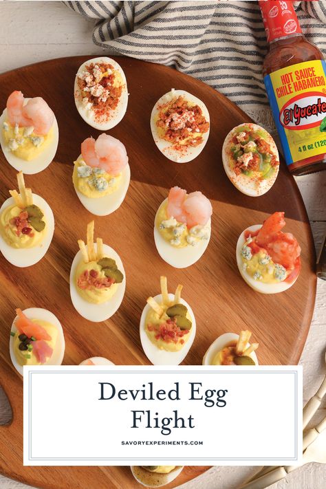 Spicy Deviled Eggs Flights are the hottest new thing to bring to your tailgate! #sponsored #ElYucateco #FlavorBlitz24 Gourmet Deviled Eggs Appetizers, Egg Flight Recipe, Fried Shrimp Deviled Eggs, Deviled Egg Variations, Deviled Eggs Flight, Deviled Egg Flight Ideas, Deviled Egg Flight, Egg Flight Ideas, Devild Eggs