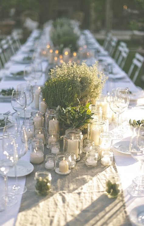 Tuscan tablescaping with herbs and candles galore! (Divine Day Photography) Outdoor Dinner Party, Tafel Decor, Rustic Wedding Decorations, Tuscan Wedding, Outdoor Dinner, Italian Garden, Wedding Table Decorations, Long Table, Garden Parties