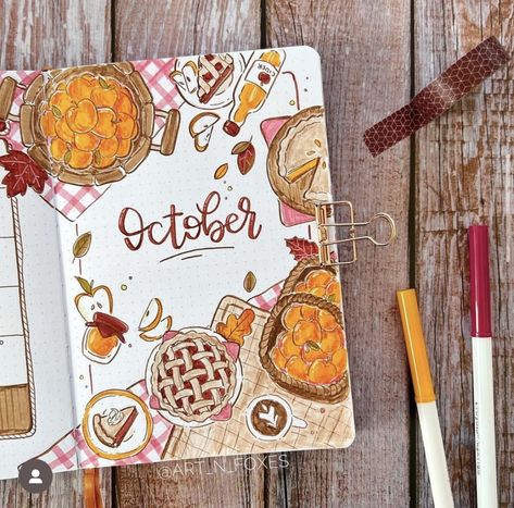 Pie Bujo Theme, Bujo October Cover, Apple Bullet Journal, Journal October Theme, October Cover Page Bullet Journal, October Journal Cover, Pumpkin Bullet Journal, Bullet Journal October Cover, October Bujo Cover