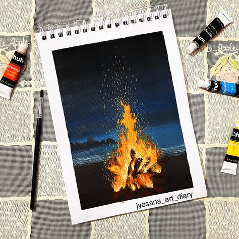 Bonfire Watercolor, Bonfire Painting, Love Ideas, Fire Drawing, Acrylic Ideas, Fire Painting, Cd Art, Bonfire Night, Night Painting