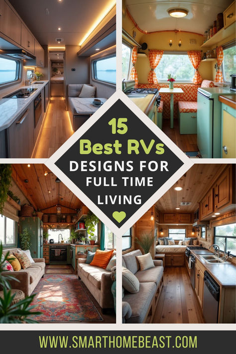 An image featuring various RV interiors designed for full-time living, showcasing cozy, functional, and budget-friendly spaces that blend style with practicality. Dog Friendly Rv Remodel, Winnabego Rv Remodel, Renovating An Rv, Live In Camper Full Time, Small Motorhome Interior Ideas, Full Time Travel Trailer Living, Rv Interior Design Ideas, How To Live In A Camper Full Time, Living In A Camper Full Time