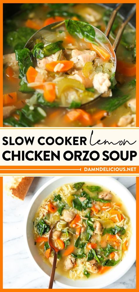 An easy dinner recipe in the crockpot! There's nothing like a bowl of this lemon chicken soup. With all the hearty veggies, this slow cooker lemon orzo soup is the best kind of comfort food! Ww Chicken Orzo Soup, Orzo Crockpot Soup, Crock Pot Lemon Chicken Orzo Soup, Lemon Crockpot Recipes, Orzo In Crockpot, Lemon Ginger Orzo Soup, Chicken Soup With Orzo Recipes, Chicken Veggie Orzo Soup, Slow Cooker Orzo Soup