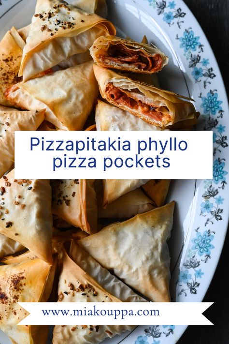 Pizzapitakia, GREEK phyllo style pizza pockets Phyllo Pizza Rolls, Philo Dough Pizza, Phyllo Pizza Recipes, Phyllo Dough Pizza, Phyllo Pizza, Philo Dough, Basic Foods, Pepperoni And Cheese, Phyllo Dough Recipes