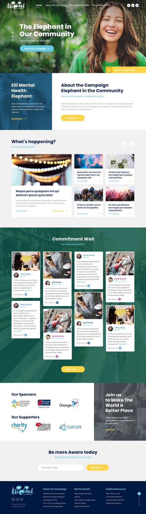 Website design for "Elephant in Our Community". Check out my Behance for more details. Website design - UI/UX design - Inspiration - Clean & Clear - Modern style - Flat design - Charity - Social - NGO - Volunteer - Youth - Photoshop Ngo Websites Design, Ngo Website Design Templates, Community Website Design Inspiration, Ngo Design Ideas, Advocacy Website Design, Accessible Website Design, Volunteer Website Design, Community Web Design, Charity Website Design Inspiration