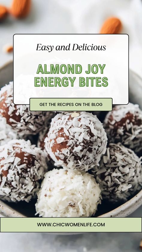 Almond Joy Energy Bites Dessert Quotes, Almond Joy, No Bake Snacks, Raw Almonds, Night Snacks, Energy Bites, Roasted Almonds, Chocolate Coconut, Quick Snacks