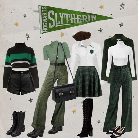 Slithering Aesthetic Clothes, Slytherin Style Outfits, Slytherin Outfit Inspiration, Hogwarts Fashion Inspired Outfits, Hp Outfits Harry Potter, Slytherincore Outfits, Hogwarts Aesthetic Outfits Slytherin, Slytherin Pyjama, Slytherin Academia Outfit