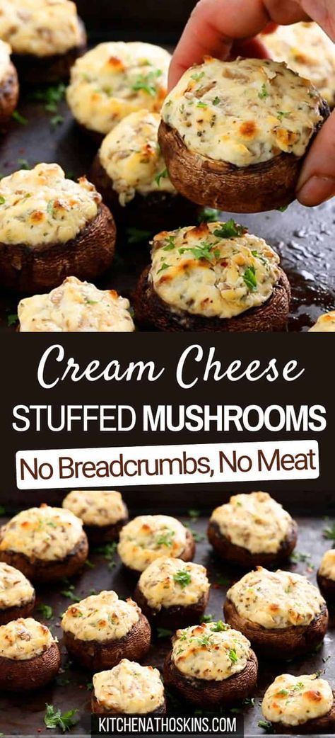 Learn how to make the best stuffed mushrooms with cream cheese that is garlicky, meatless, vegetarian, gluten free and has no meat. Mushroom caps are filled with Philadelphia cream cheese, baked in the oven and served hot to make easy appetizer for a crowd to serve at Thanksgiving or Christmas parties. Get the yummy vegetarian stuffed mushrooms recipe at kitchenathoskins.com. Vegetarian Stuffed Mushrooms, Stuffed Mushrooms With Cream Cheese, Crab And Cream Cheese, Cream Cheese Stuffed Mushrooms, Baked Stuffed Mushrooms, Stuffed Mushrooms Vegetarian, Vegetarian Appetizers Easy, Stuffed Mushrooms Easy, Mushroom Appetizers