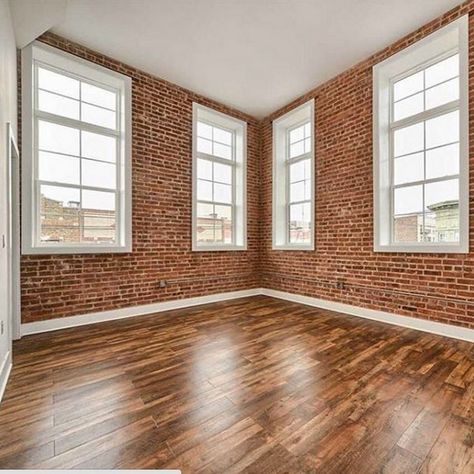 Brick Wall Wood Floor, Exposed Brick Apartment Decor, Wood And Brick Interior, Brick Office Space, Red Brick Wall Interior, Exposed Brick Walls Living Room, Spooky Apartment, Brick Wash, Exposed Brick Living Room