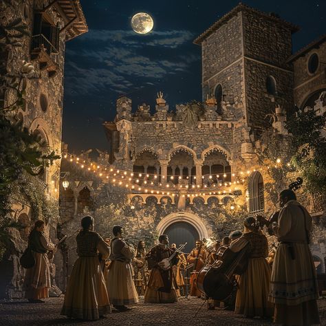 Moonlit Medieval Festivity: Under the soft glow of the moon, costumed performers gather in an ancient courtyard, celebrating tradition. #moonlight #courtyard #medieval #performers #celebration #aiart #aiphoto #stockcake ⬇️ Download and 📝 Prompt 👉 https://ayr.app/l/zgUi Medieval Dancing Aesthetic, Medieval Dance Aesthetic, Medieval Market Aesthetic, Fantasy Festival Aesthetic, Traveler Aesthetic Medieval, Medieval Tavern Aesthetic, Fantasy Schools, Medieval Moodboard, Medieval Fantasy Aesthetic