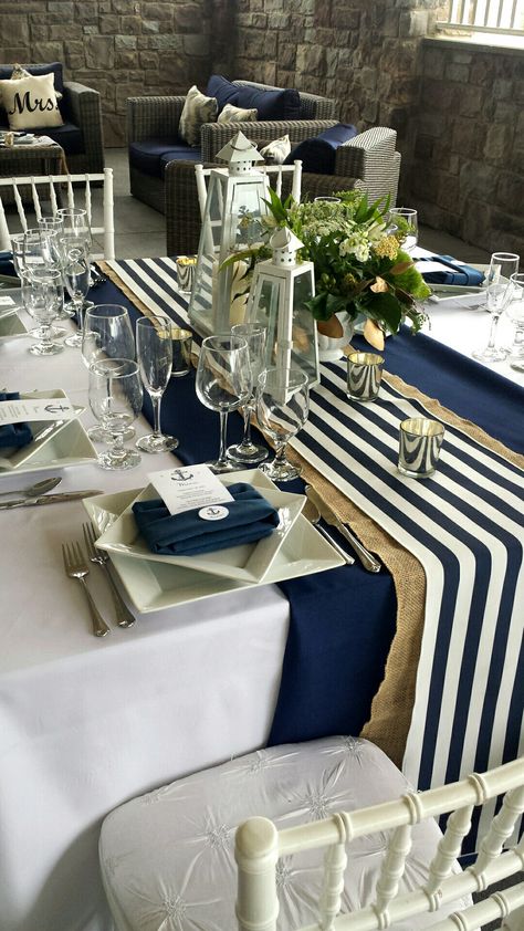 Nautical Themed Dinner Party, Navy Rehearsal Dinner Decorations, Elegant Nautical Party Decor, Elegant Nautical Decor, Navy And White Table Setting, Nautical Rustic Wedding, Navy Retirement Centerpieces, Nautical Dinner Party, Navy Table Decor