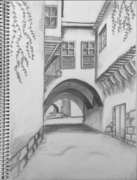 Drawing Ideas Pencil Easy Simple Landscape, Old Street Drawing, Simple Landscape Drawing Sketch, Scenery Sketches Pencil Easy, Easy Graphite Drawings, Landscape Design Drawings Sketches, Landscape Pencil Drawings Easy, Easy Landscape Ideas Drawing, Landscape Sketch Easy