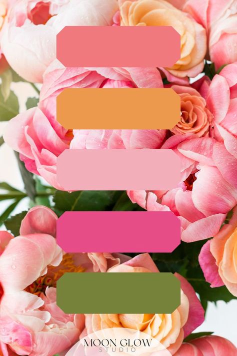 Pink Orange Pastel Bright Peonies Flowers Color Inspiration Palette Floral Wedding Color Palettes, Pink Orange Wedding Colors, Hot Pink And Orange Wedding Theme, Bright Wedding Colour Schemes, Sage Orange Fuchsia Wedding, Pink Orange White Wedding, Floral Inspiration Board, Bridal Shower Colors Palette, Spring Pink Color Palette