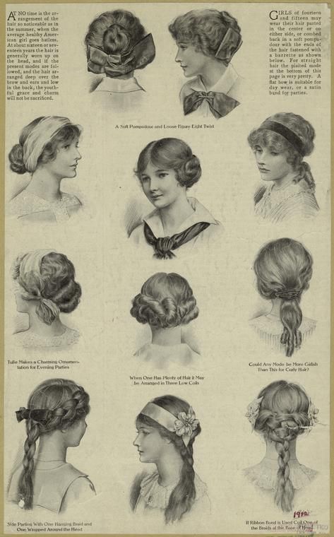 Hairstyles For Teenage Girls | 1912 | unstated American publication | Average healthy American girls go hatless in summer.  ~16-17: Hair generally worn up & if present modes followed & hair arranged deep over brow & ears and low in back, youthful charm not sacrificed. 14-15: Center part; on either side; combed back in a soft pompadour w/ ends of hair fastened w/ barrette as shown. Straight hair: Plaited, at bottom of page. Flat bow for day wear; satin band for parties. 1910 Hairstyles, Victorian Era Hairstyles, 1910 Hair, Edwardian Hairstyles, Teenage Hairstyles, New Short Haircuts, Patron Vintage, Victorian Hairstyles, Hot Hair Styles