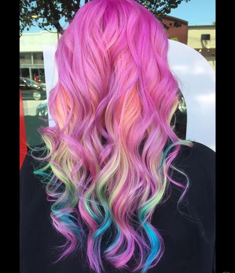 Pink Hair With Rainbow Highlights, Rainbow Pink Hair, Pink Hair Rainbow Highlights, Pink And Rainbow Hair, Pink Rainbow Hair, Hidden Rainbow Hair, Pastel Rainbow Hair, Rainbow Highlights, Long Pink Hair