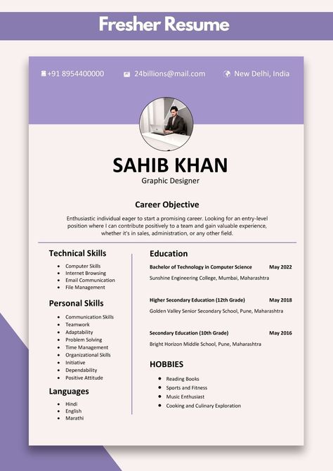 Format for Resume for Freshers | Resume Format for a Fresher Best Resume Format For Freshers, Resume For Freshers, Fresher Resume, Job Resume Format, Resume Format For Freshers, Best Resume Format, Bachelor Of Commerce, Senior Secondary School, Student Resume Template