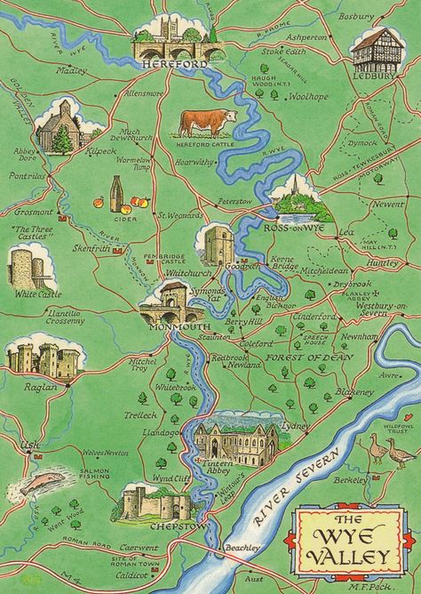 Map of The Wye Valley Wye Valley, Medieval Village Map, Village Map Illustration, Wye Valley Wales, Wales Map, British Isles Map, Nature Valley, Forest Of Dean, Area Map