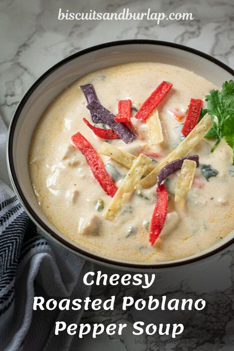 Cheesy goodness and roasted poblano peppers is what this soup is all about. Add chicken or keep it vegetarian. #poblanopepper #poblanopeppersoup #roastedpoblanopepper #vegetarian #poblanopepperrecipes Cheddar Poblano Soup, What To Do With Pablano Pepper, Roasted Poblano Pepper Soup, Roasted Pablano Pepper Recipes, Pablano Pepper Roasting, Poblano Pepper Recipes Soup, Poblano Cheese Soup, Pablano Pepper Soup Recipe, Poblano Pepper Chicken