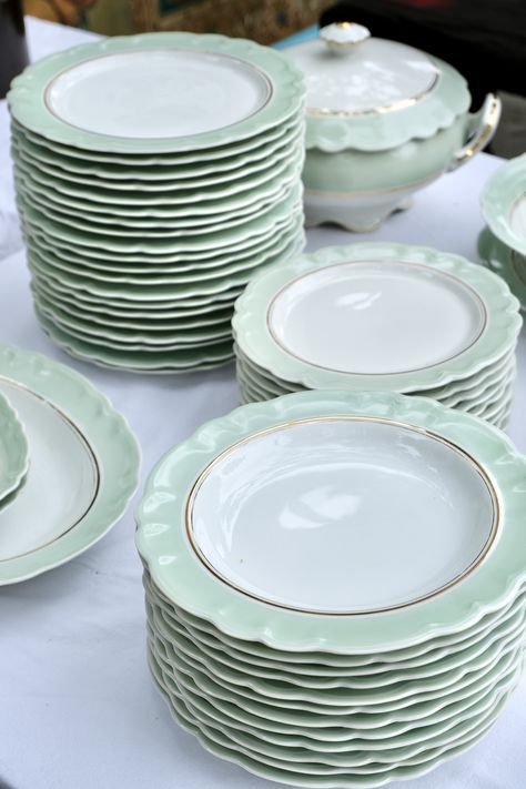 Have you ever seen something as gorgeous as these egg shell green Limoges porcelain plates? An amazing French antique find! #AntiquesInParis #FrenchAntiques #Antique #Brocante #FleaMarket #FrenchAntiqueMarket #Limoges #LimogesPlates #LimogesDishes #EggShellGreenDishes #EggShellGreen #AntiqueLimoges #LimogesPorcelain #ATable #Tableware #TableSettings #Tablescapes #FrenchAntiquePlates #FrenchAntiqueDishes #AntiqueDishes #AntiquePlates Green Tableware, Antique Table Setting, Moving To France, Beautiful Dinnerware, Shopping In Paris, Green Dinnerware, Porcelain Dishes, Antique Shopping, Elegant Plates