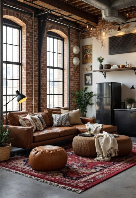 Rustic Living Room Warm Industrial Living Room, Exposed Ductwork, Rustic Living Room Ideas, Warm Industrial, Rustic Inspiration, Industrial Livingroom, Industrial Living, Modern Cozy Living Room, Classy Decor