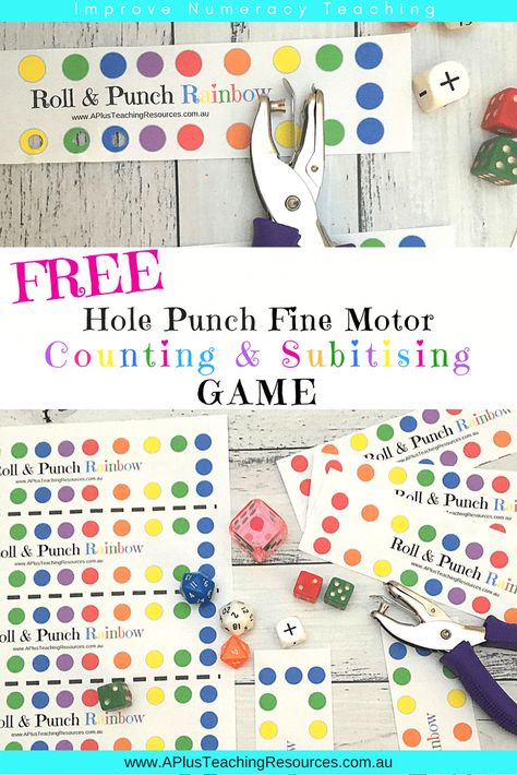 As always we like to create a little something for FREE for our FANS! Our FREE Roll & Punch a Rainbow Game will help your students build their fine motor skills, subitise, and count! Grab this FREE Math Game On our Website! #math #teaching Rainbow Games, Free Math Games, Teacher Freebies, Teaching Numbers, Preschool Fine Motor, Classroom Freebies, Motor Skills Activities, Math Game, Math Methods