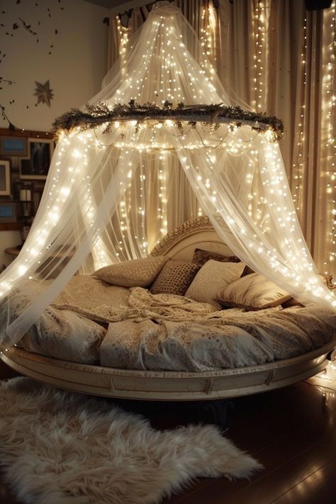 Make A Canopy Over Bed, Floating Round Bed, Canopy Bed Stars, Round Canopy Bed, Colorful Canopy Bed, Cozy Canopy Bed Aesthetic, Canopy Bed Inspiration, Hanging Canopy Bed, Queen Bed Canopy