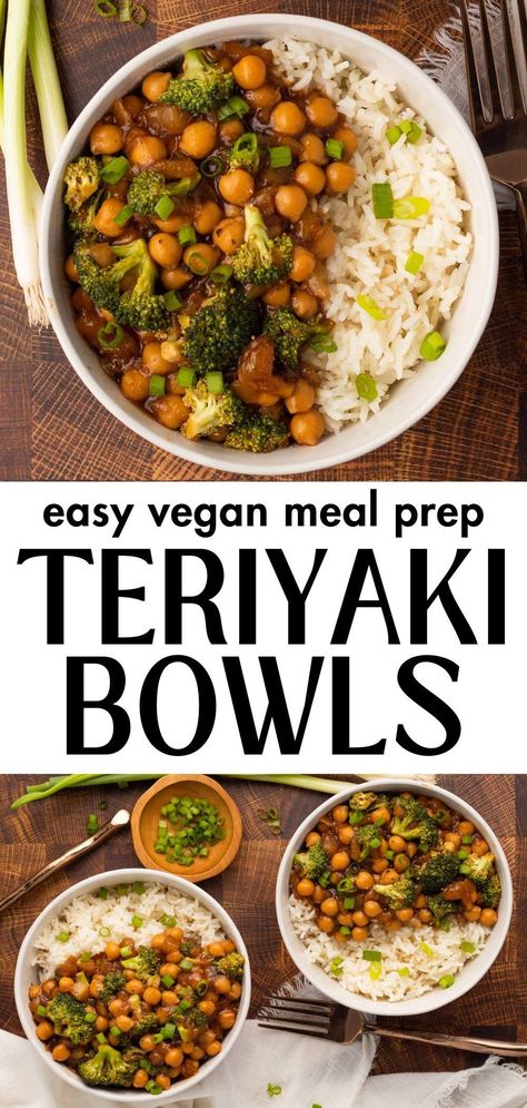 These Vegan Teriyaki Meal Prep Bowls are not only delicious, but also incredibly practical to make and to eat. Ready in just 25 minutes, they make for a flavorful healthy vegan dinner you can turn into vegan lunch. You can easily adapt the recipe to make it gluten-free, or swap the chickpea and the rice for more variation. Chickpea With Rice Recipes, Easy Vegetarian Rice Bowls, Vegan Meals With Rice, Easy Vegan Rice Dishes, Meal Prep Chickpeas, Quick Vegan Meal Prep, Gluten Free Vegan Meal Prep, Plant Based Lunch Meal Prep, Rice And Chickpea Recipes