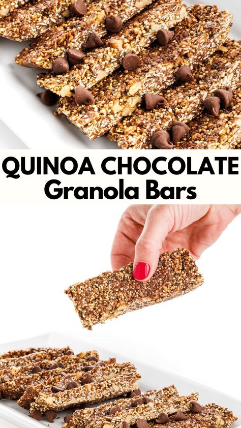 Homemade Snack Bars, Quinoa Granola Bars, Quinoa Snacks, Quinoa Chocolate, Homemade Granola Bars Healthy, Easy Granola Bars, Quinoa Bars, Chocolate Chip Granola, Chocolate Granola Bars