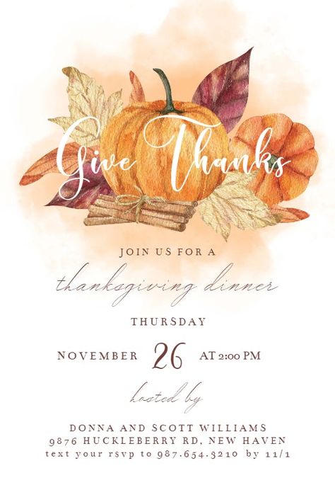 Watercolor Pumpkin - Invitación De Acción De Gracias | Greetings Island Thanksgiving Invites Free Printable, Thanksgiving Invitation Template Free, Thanksgiving Invitation Ideas, Thanksgiving Events, Blank Wedding Invitation Templates, 2023 Thanksgiving, Thanksgiving Invitation Template, Lunch Invitation, Thanksgiving Templates