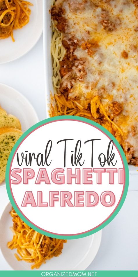 Spaghetti With Fettuccine Noodles, Viral Tiktok Spaghetti Alfredo, Alfredo Sauce Spaghetti, Alfredo Speggetti Bake, Pasta With Spaghetti Sauce And Alfredo, Speggetti And Alfredo Sauce Pasta, Viral Tiktok Pasta Recipe, Alfredo Spaghetti With Ground Beef, Alfredo Speggetti