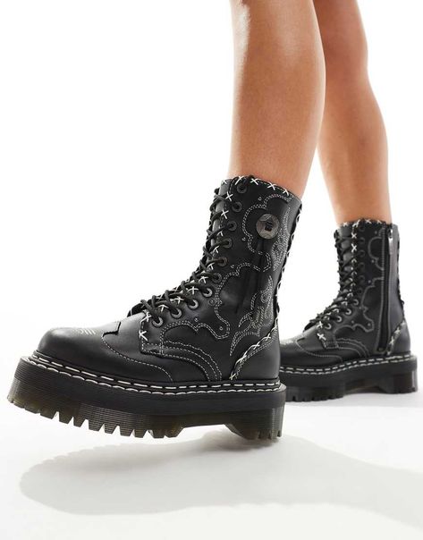 Shoes by Dr Martens We like your style Lace-up fastening Side zip detail Western design Round toe Chunky sole Lugged tread Western Gothic, Nike Air Max Jordan, Dr Martens Jadon, Gothic Boots, Western Design, Winter Party Dress, Black Long Sleeve Dress, Jumpsuit Shorts Rompers, Long Sleeve Floral Dress