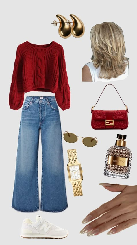 #outfit #outfitcheck #outfitcollage #blonde #haircare #hairinspo #red #jeans #bags Cold Weather Thanksgiving Outfit, Thanksgiving Outfits Jeans, Thanksgiving Outfits Women Jeans, Jeans And Red Sweater Outfit, Burnt Orange Top Outfit, Red Jeans Outfit Winter, Thanksgiving Outfit Jeans, Aesthetic Thanksgiving Outfits, Red Purse Fall Outfit