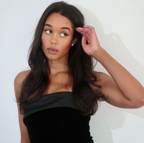 Laura Harrier Aesthetic, Pretty Updos, 2024 Hair Trends, Fluffy Curls, Braided Buns, Laura Harrier, Jersey Headband, I Kissed A Girl, Black Backless Dress