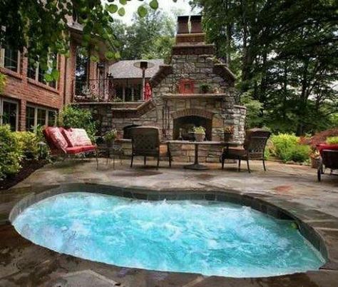 Pool / jacuzzi in one! This is what I want. Outdoor Patio Fireplace, Fireplace Pizza Oven, Hot Tub Designs, Jacuzzi Hot Tub, Spa Jacuzzi, In Ground Spa, Hot Tub Garden, Patio Fireplace, Small Pools