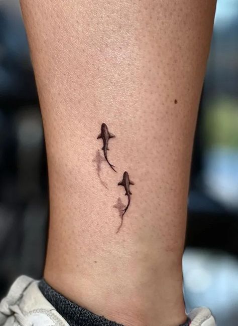 Fish Inspired Tattoos, Cool And Unique Tattoos, Shark Tattoo With Waves, Small Jaws Tattoo, Floating Shark Tattoo, Micro Shark Tattoo, 2 Shark Tattoo, Shark Mini Tattoo, Best Friend Shark Tattoos