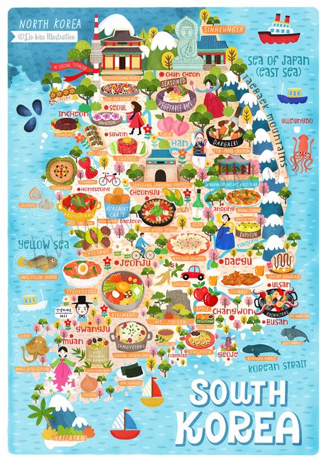 South Korea Map Illustration, Food Map Illustration, Map Of Korea, South Korea Trip, Korea Illustration, South Korea Map, Korea Poster, Seoul Map, Korea Map