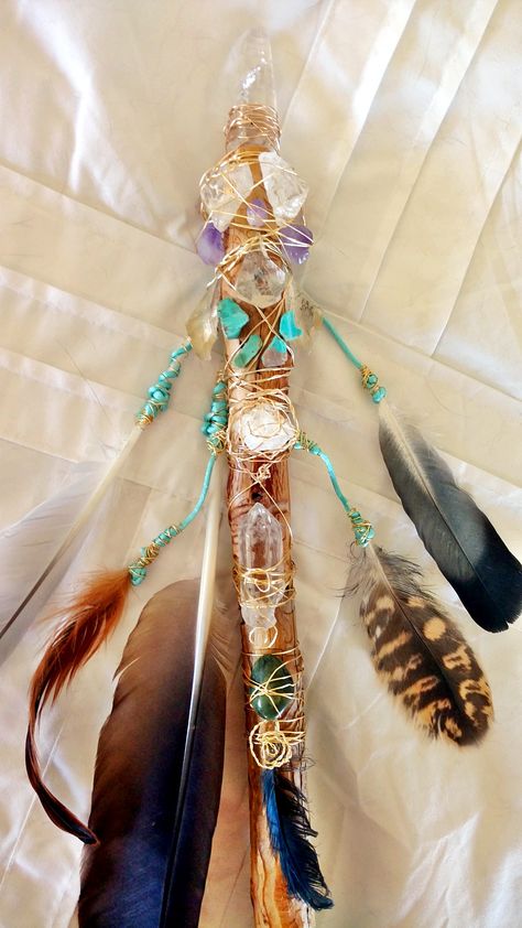 Sky Spirit Shaman: Magick Crystal Wand ~ Talking Stick ~ Cosmic & Earth Facilitator – Tania Marie Crystal Wand Diy, Spirit Sticks, Talking Sticks, Talking Stick, Wiccan Crafts, Witch Wand, Diy Wand, Witch Diy, Witchy Crafts