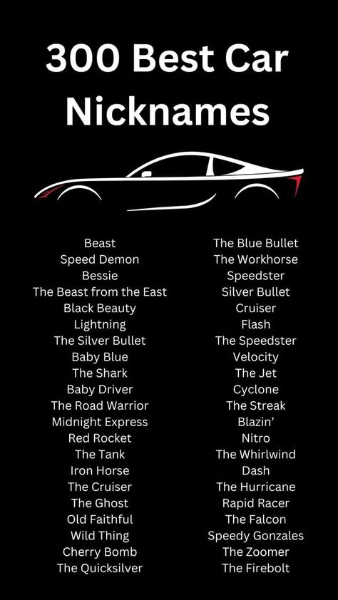 White Car Nicknames Ideas, Car Names For Black Cars, Car Nicknames Ideas, Car Names List, Car Names Ideas, Nickname List, Cool Nicknames, Cars Name, Car Names