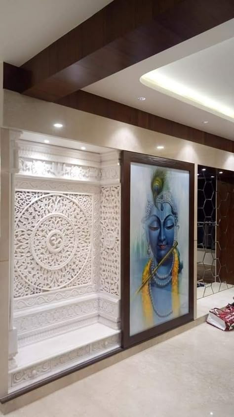 Mandir Ideas For Big Space, Interior Design For Mandir, Living Room Mandir Ideas, Krishna Interior Design, Mandir Wall Designs, Latest Mandir Design For Home, Mandir In Living Room, Mandir Back Wall Design, Home Mandir Designs